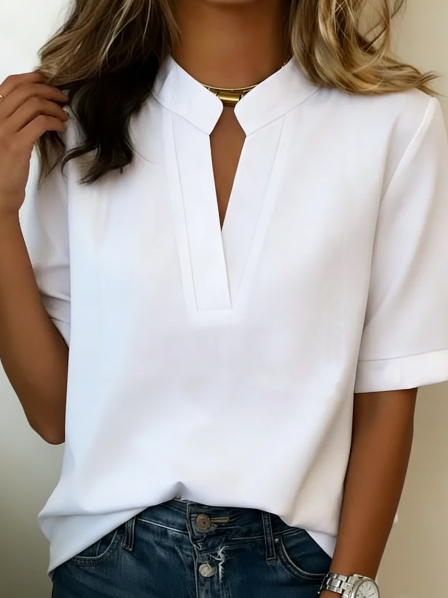 Damen T-Shirt mit V Ausschnitt und Kurzen Ärmeln – Lockerer Schnitt