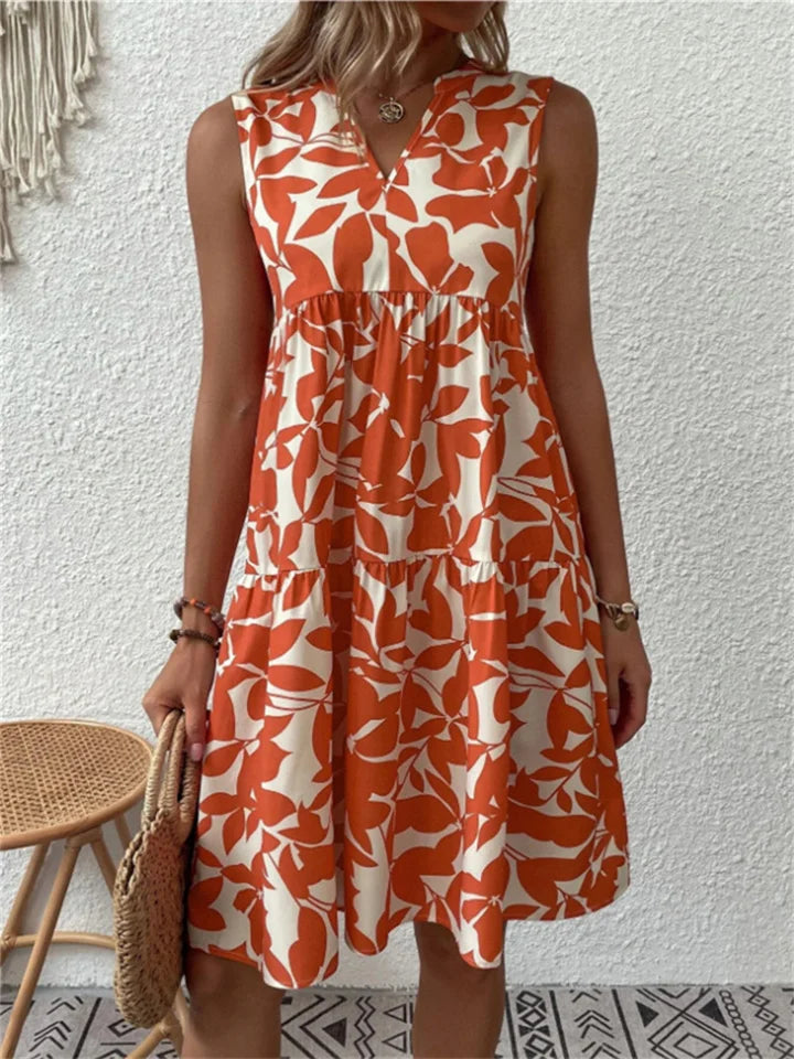Damen Sommerkleid A Linie Blumenmuster V Ausschnitt Ärmellos