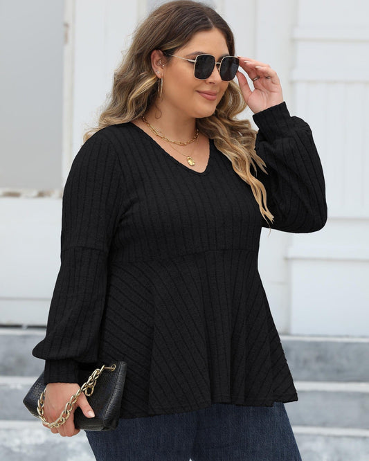 Women's V-neck blouse with striped lantern sleeves