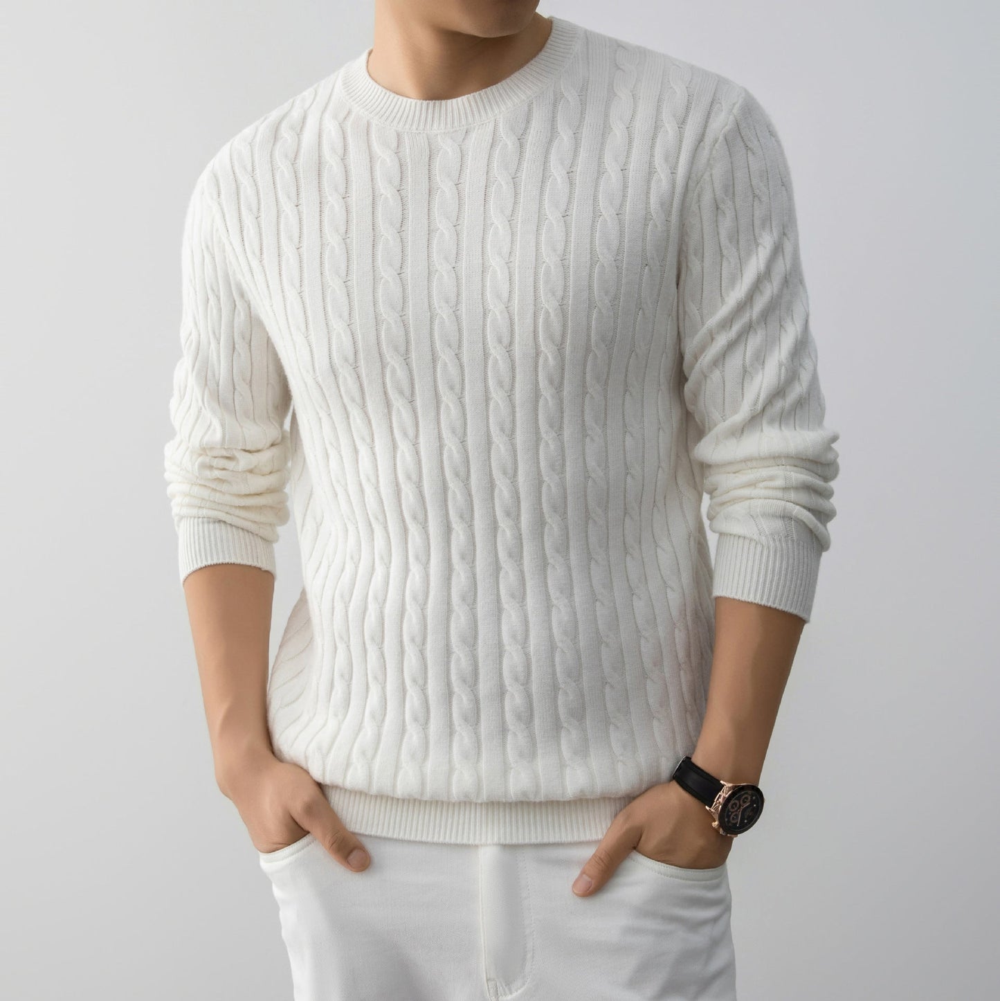 Herren Jacquard Pullover Lockerer Schnitt Langarm – Woll-Mischung