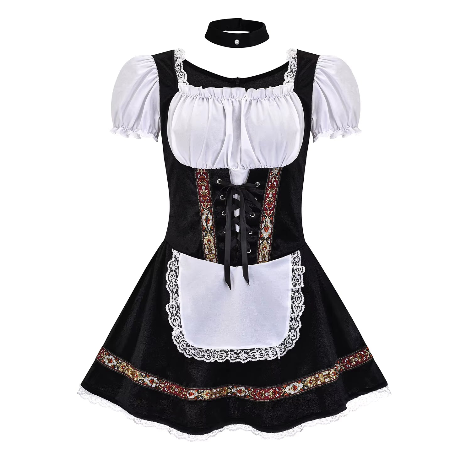 Seitliche Ansicht des Dirndlkleids mit Schnürmieder und Puffärmeln