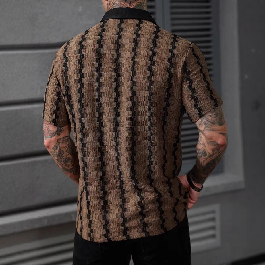 Herren Sommer Karo-Strickcardigan Kurzarm Slim Fit Patchwork Streetwear Top