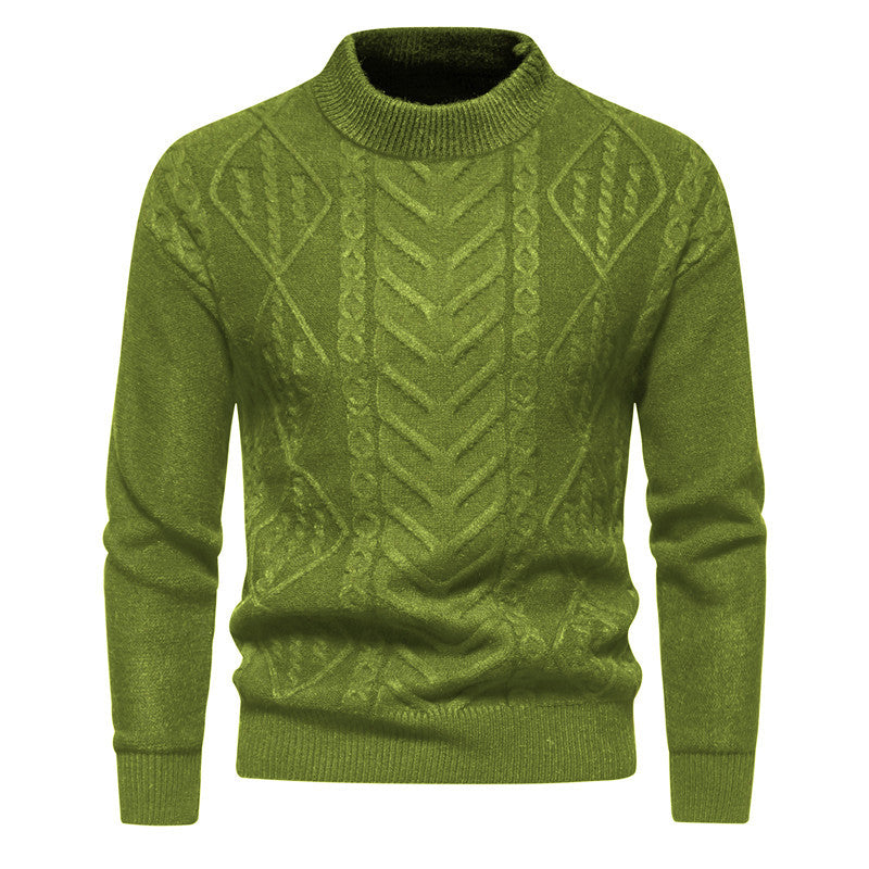 Grüner Strickpullover mit Zopfmuster, Rundhalsausschnitt und langen Ärmeln. Modischer Herrenpullover, ideal für Herbst und Winter.