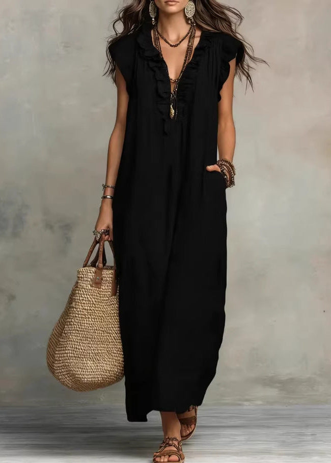 Ärmelloses A-Linien-Sommerkleid Für Damen Mit Rüschen Und Seitentaschen – Baumwollmischung