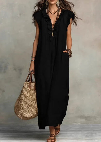Ärmelloses A-Linien-Sommerkleid Für Damen Mit Rüschen Und Seitentaschen – Baumwollmischung