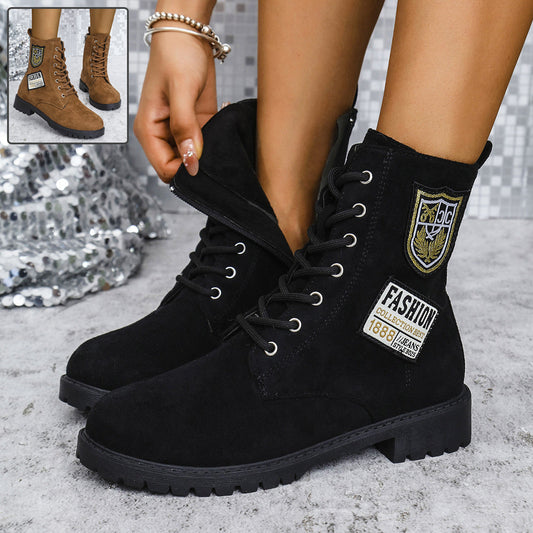 Damen Winter Martin Boots Mit Rundspitze, Schnürung Und Blockabsatz