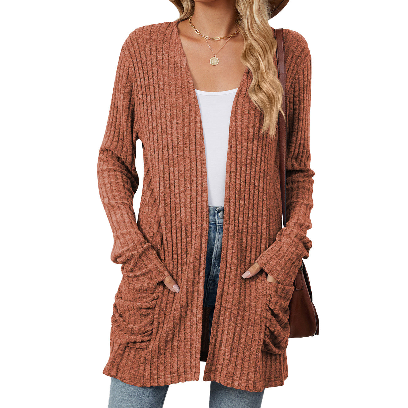 Women's knitted jacket with long sleeves, plain, with pockets
