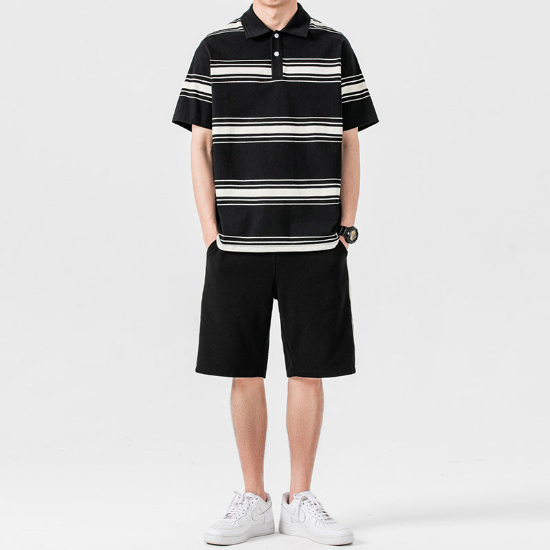 Men's Summer Two-Piece Sports Set Short-Sleeve T-Shirt Mid-Length Shorts Solid Color Outfit Multiple Sizes