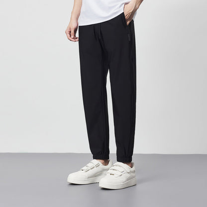 Men's summer pants made of ice silk, cool, thin, shortened, tapered slim fit, mid-rise waist, ankle-length, drawstring, micro-elastic