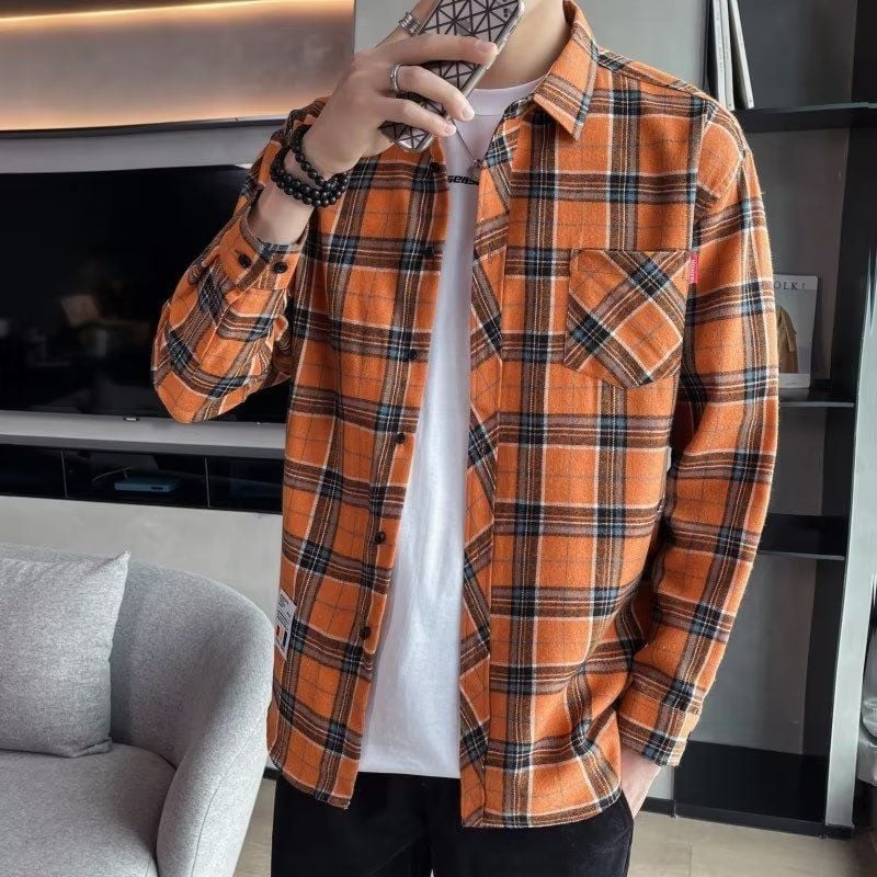 Long-sleeved checked men's shirt for spring with a slim fit
