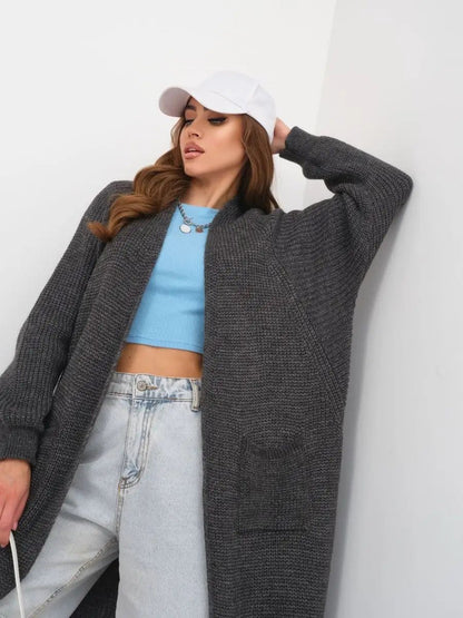 Langer Damen-Strickcardigan mit offenen Front und Taschen