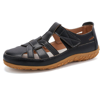 Retro-Sandalen Für Damen Mit Klettverschluss, Flacher Form, Runder Zehenpartie Und Weicher Sohle