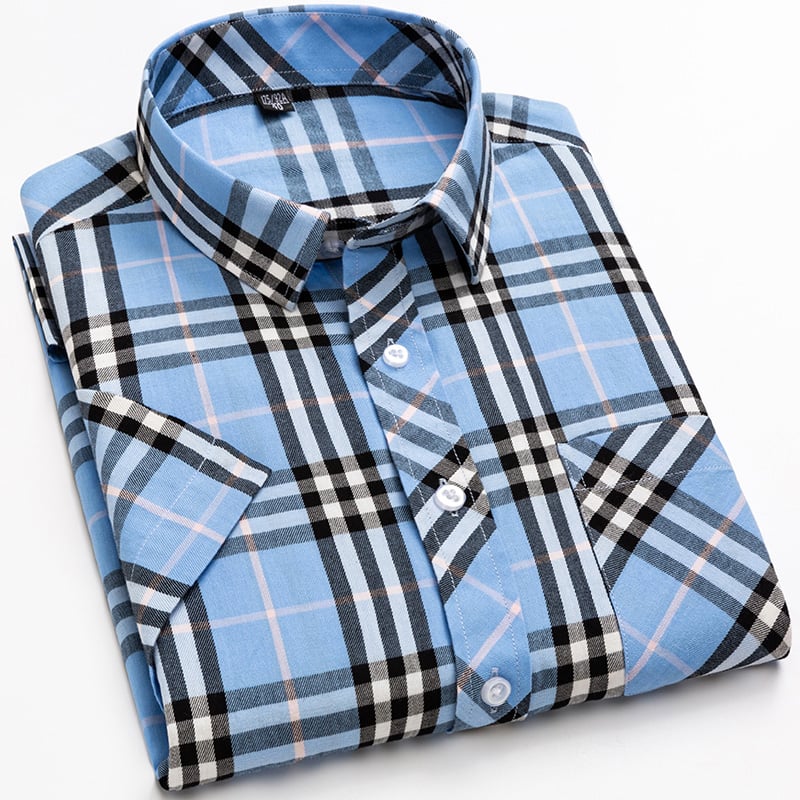 Men's Short-Sleeve Shirt with Check Pattern and Button Placket – Cotton Blend
