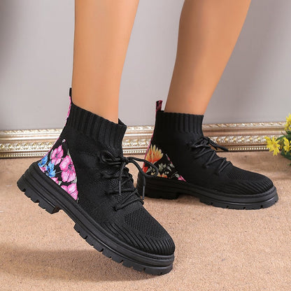 Women's Autumn Winter Ankle Boots High-Top Sock Design with Flat Rubber Sole