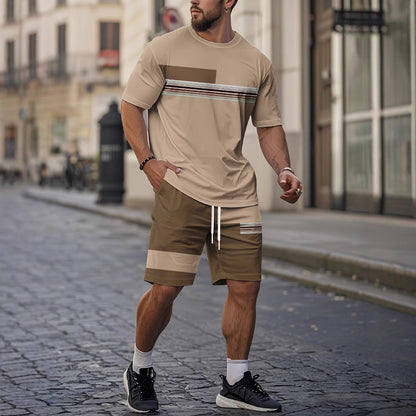 Herren Sommer Atmungsaktives Kurzarm-Shorts-Set Mit Rundhalsausschnitt Und Cartoon-Print, Zweiteilig