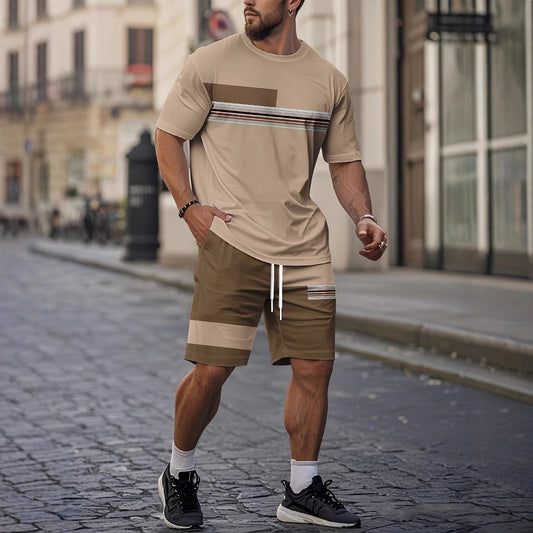 Herren Sommer Atmungsaktives Kurzarm-Shorts-Set Mit Rundhalsausschnitt Und Cartoon-Print, Zweiteilig