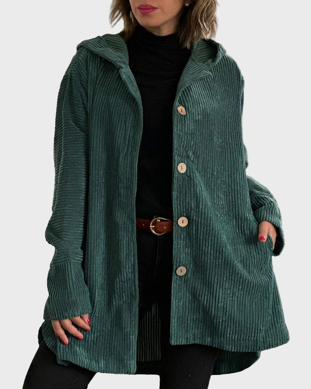 Damen Cordjacke mit Kapuze und Fronttaschen für den Herbst