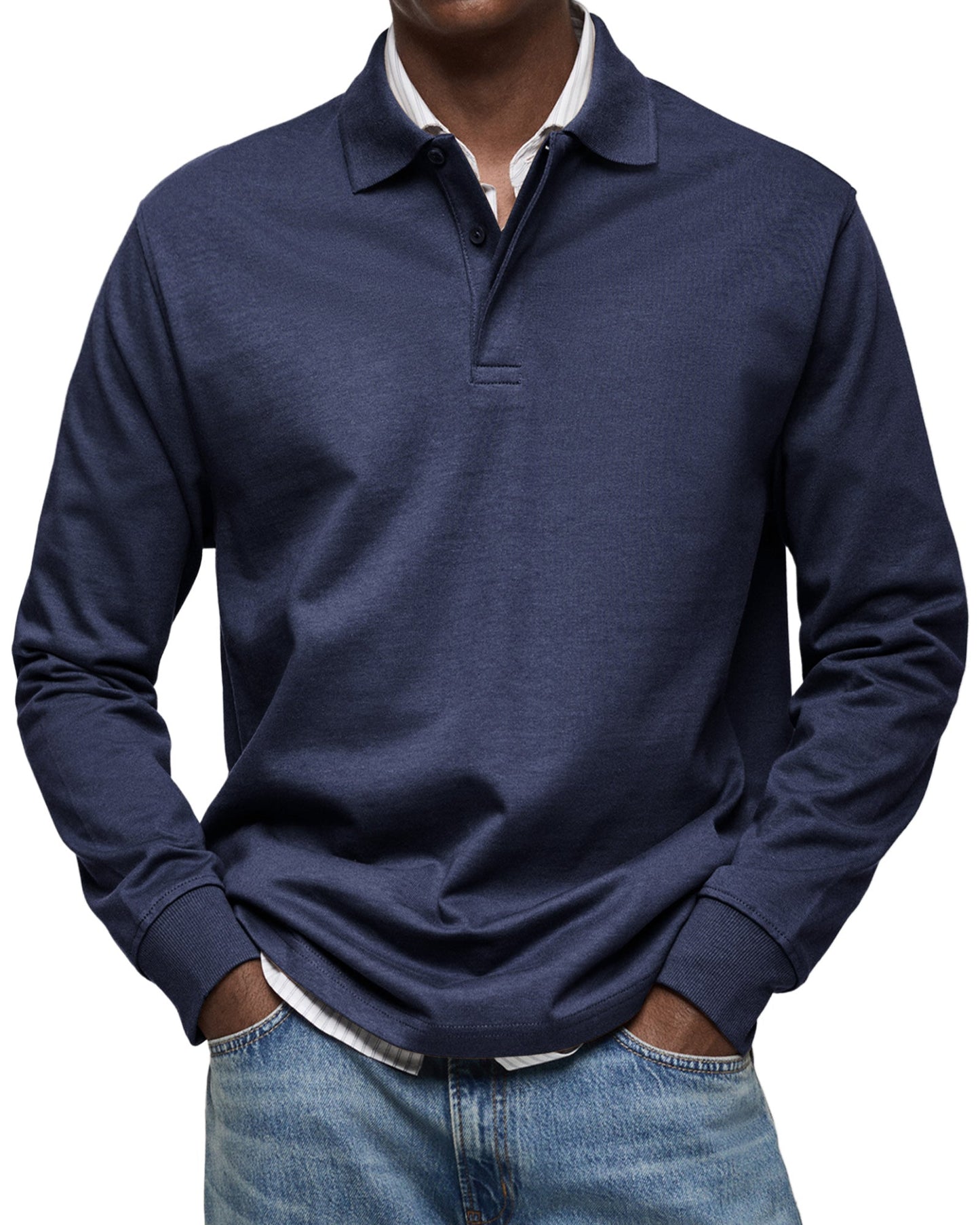 Men's Long-Sleeve Polo Shirt with Structured Collar and Button Placket