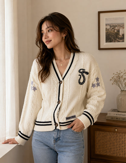 Damen Strickjacke Mit Zopfmuster Und V Ausschnitt