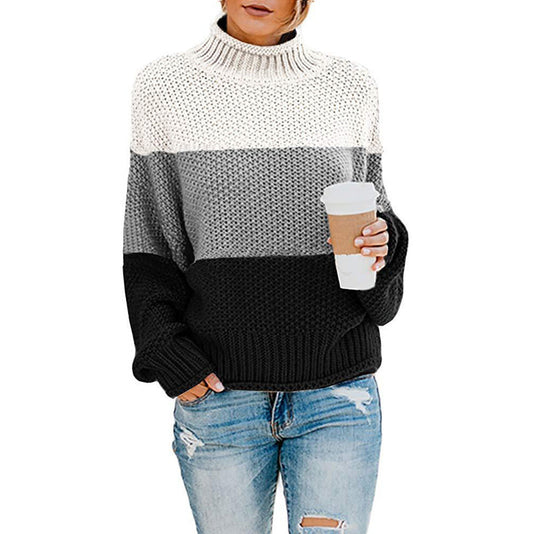 Damenpullover mit hohem Kragen, langen Ärmeln und Colorblock-Strickdesign