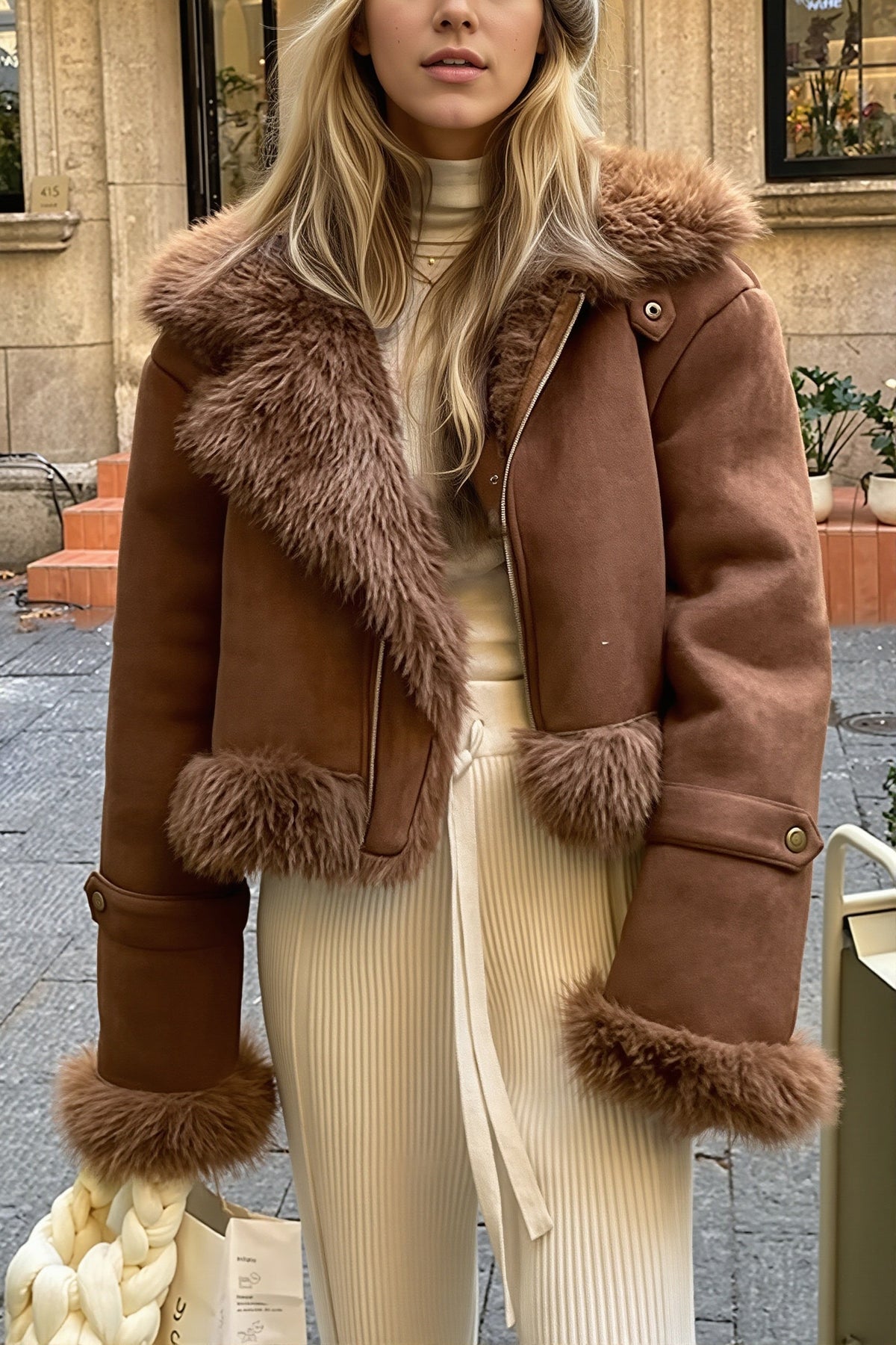 Rückansicht der Kurzjacke mit Velourslederoptik und Kunstfellkragen