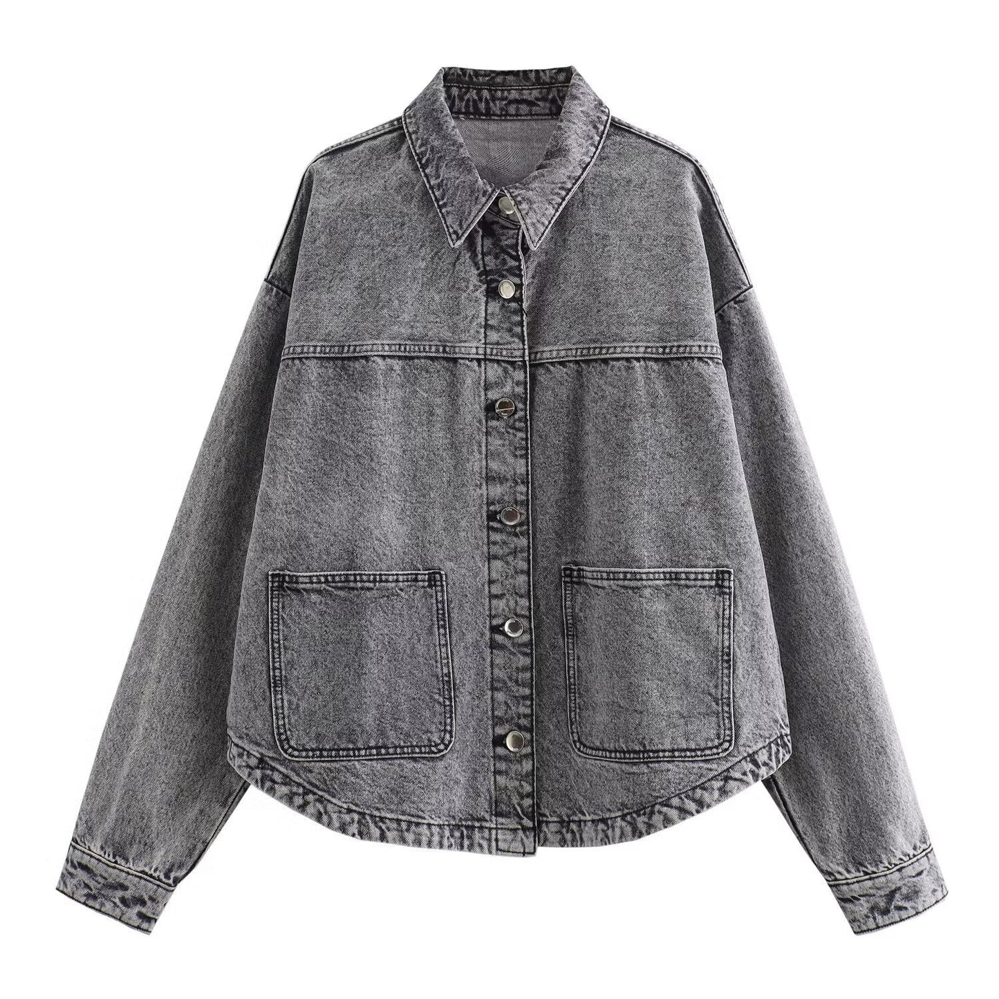 Women's denim-mix shirt jacket with button placket and contrasting design