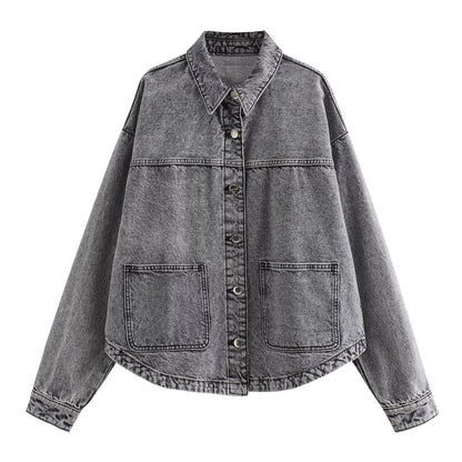 Women's denim-mix shirt jacket with button placket and contrasting design