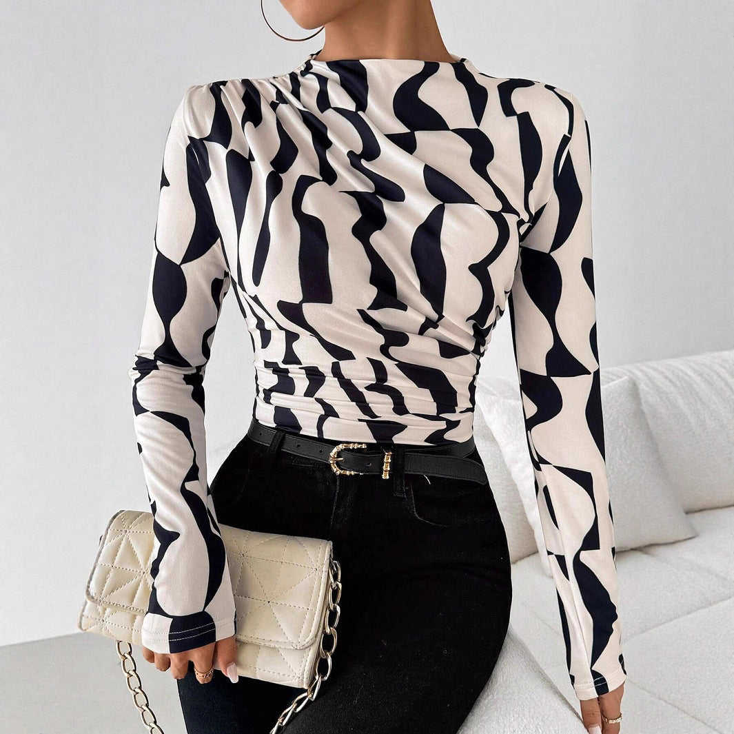 Damen Langarm-Top Mit Stehkragen, Slim-Fit-Passform Und Geometrischem Print