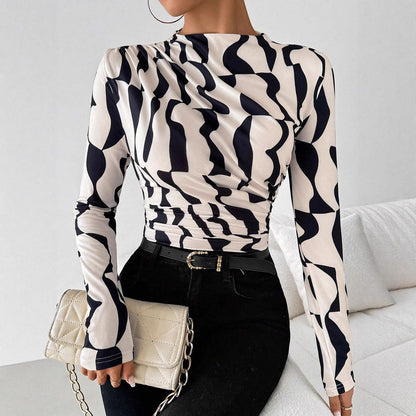 Damen Langarm-Top Mit Stehkragen, Slim-Fit-Passform Und Geometrischem Print