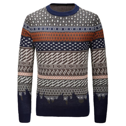 Men's Crew Neck Sweater Contrast Jacquard Long Sleeve – Cotton Blend