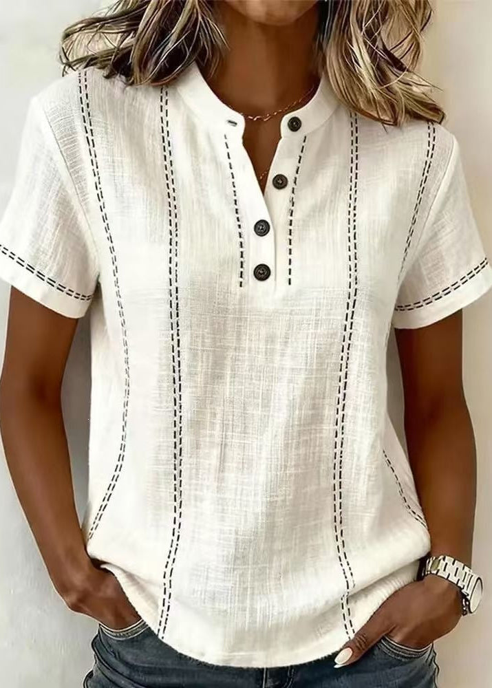 Gestreifte Damenbluse Mit Kurzen Ärmeln, Stehkragen, V-Ausschnitt Und Knopfleiste – Patchwork-Design