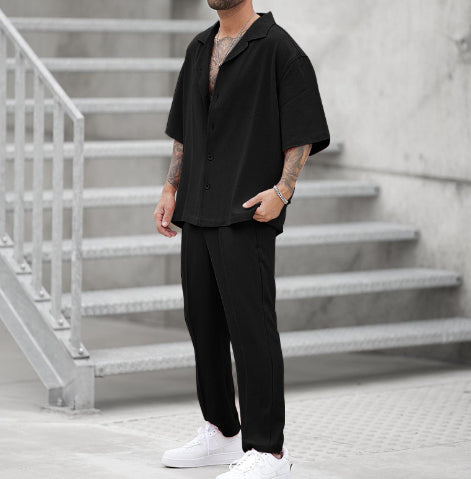 Men's Summer Two-Piece Set Shirt and Pants, Woven, Lightweight, Solid Color, Matching Outfit, Various Sizes