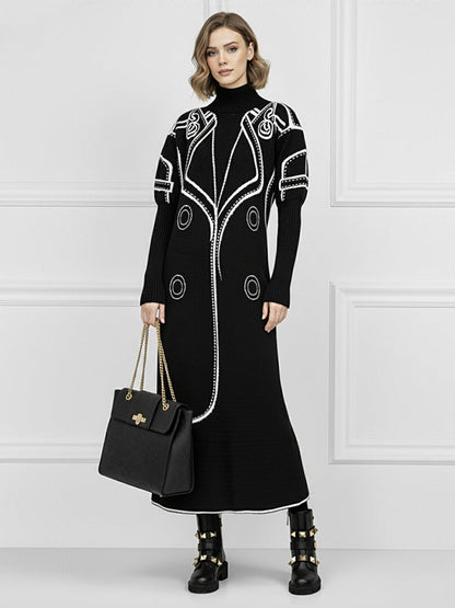 Women's Autumn Midi Dress with Half Stand Collar and Print Design