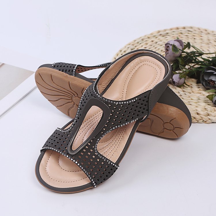 Damen Sommer-Sandalen Mit Fischmaul-Verzierung, Flach, Mit Strasssteinen, Durchbrochen, Zum Hineinschlü