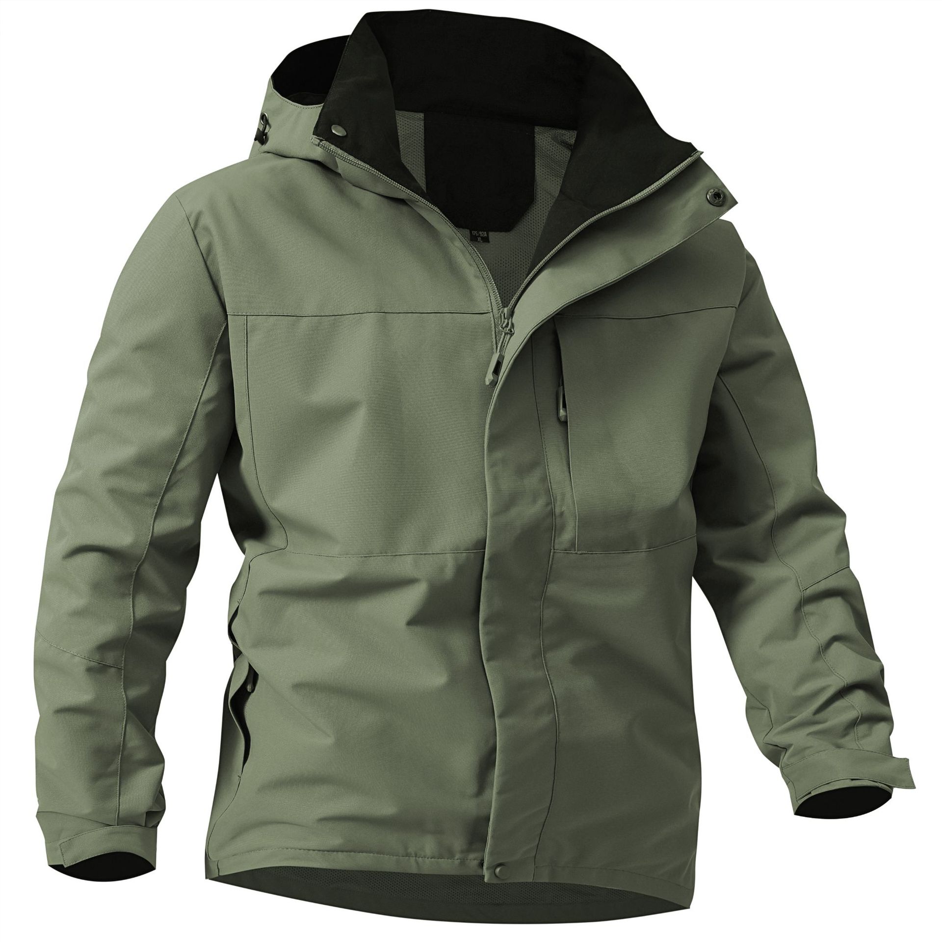 Grüne Outdoor-Jacke mit Kapuze, Reißverschluss und Taschen, ideal für Wandern und Trekking. Wetterfestes Material, funktionales Design.