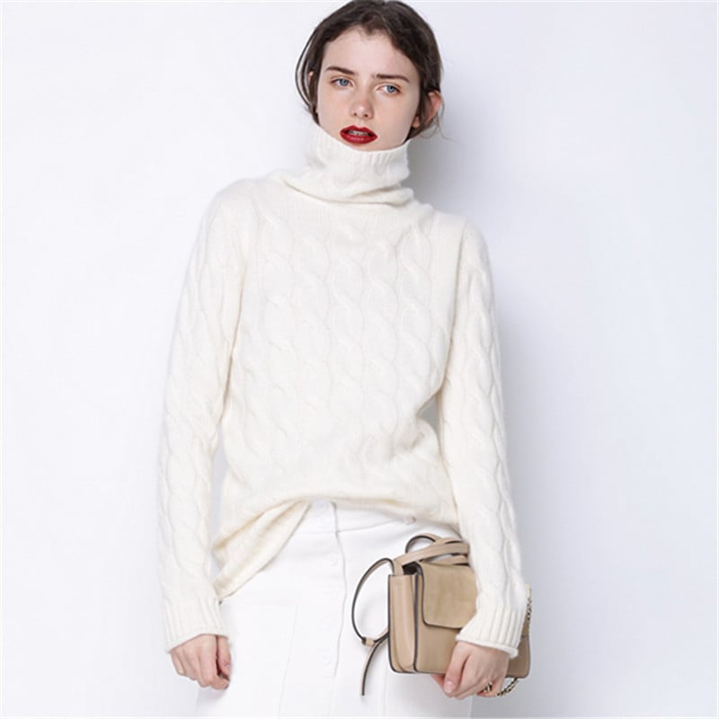 Women's turtleneck sweater with braided pattern and long sleeves