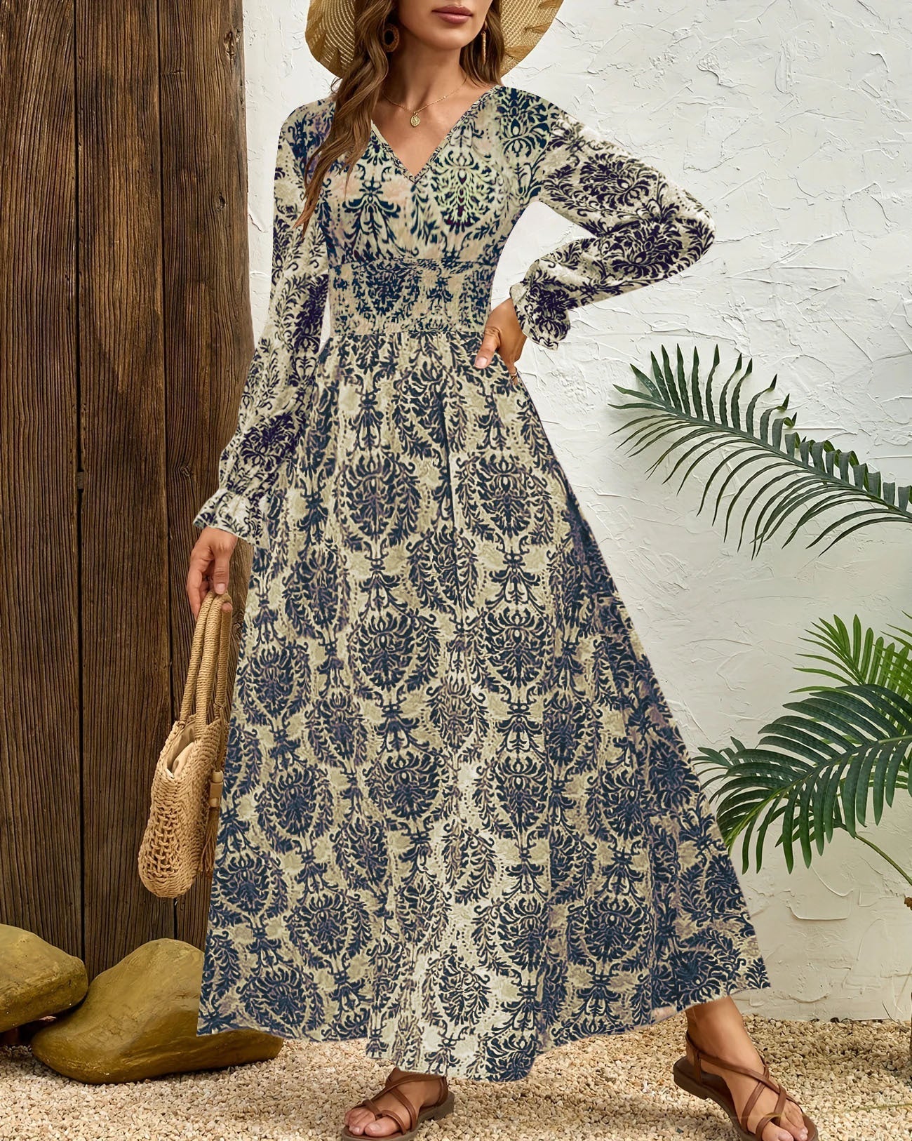 Damen Herbstkleid Mit Print, V-Ausschnitt, Langen Ärmeln Und Weitem Saum, Pullover Im Streetstyle