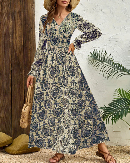Damen Herbstkleid Mit Print, V-Ausschnitt, Langen Ärmeln Und Weitem Saum, Pullover Im Streetstyle
