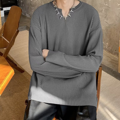 Men's Long-Sleeve Sweater with Striped Texture