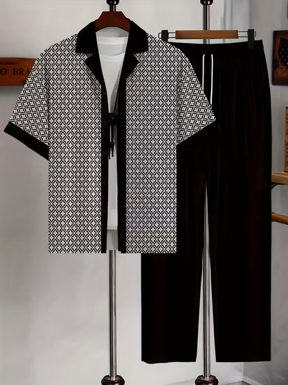 Herren Sommer Zweiteiler Set mit Geometrischem Muster – Lockerer Schnitt