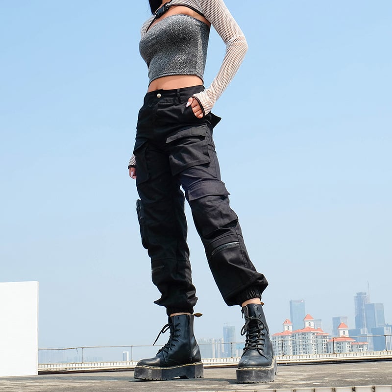 Women's work pants with high waist, multiple pockets, and ankle cuffs