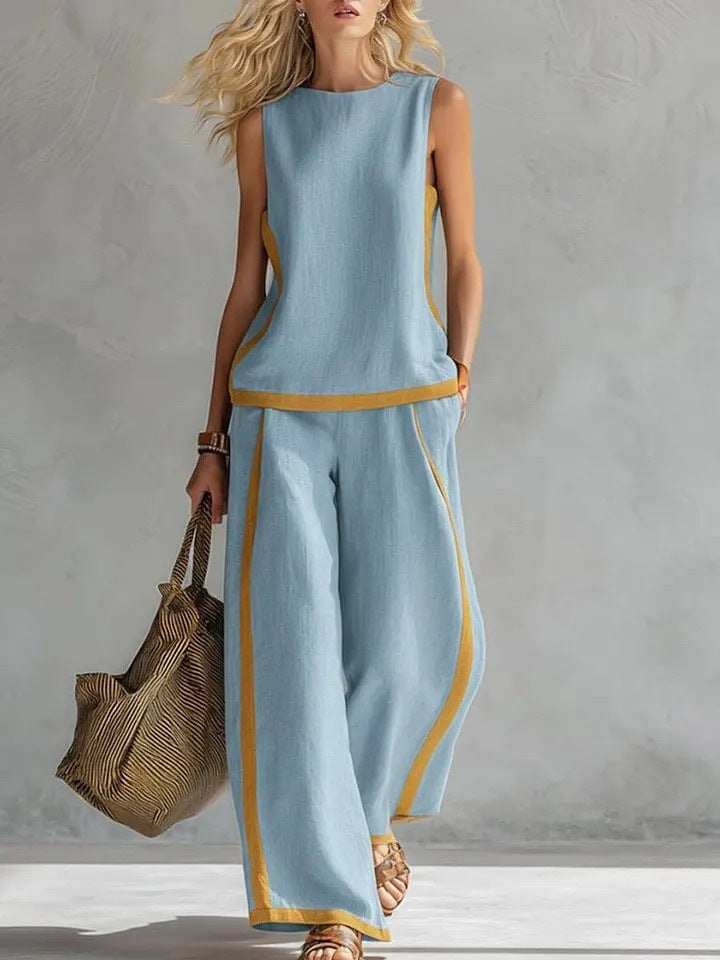 Ärmelloses Damen-Top Mit Rundhalsausschnitt Und Hochgeschnittener, Weit Geschnittener Hose – Farbblock-Design