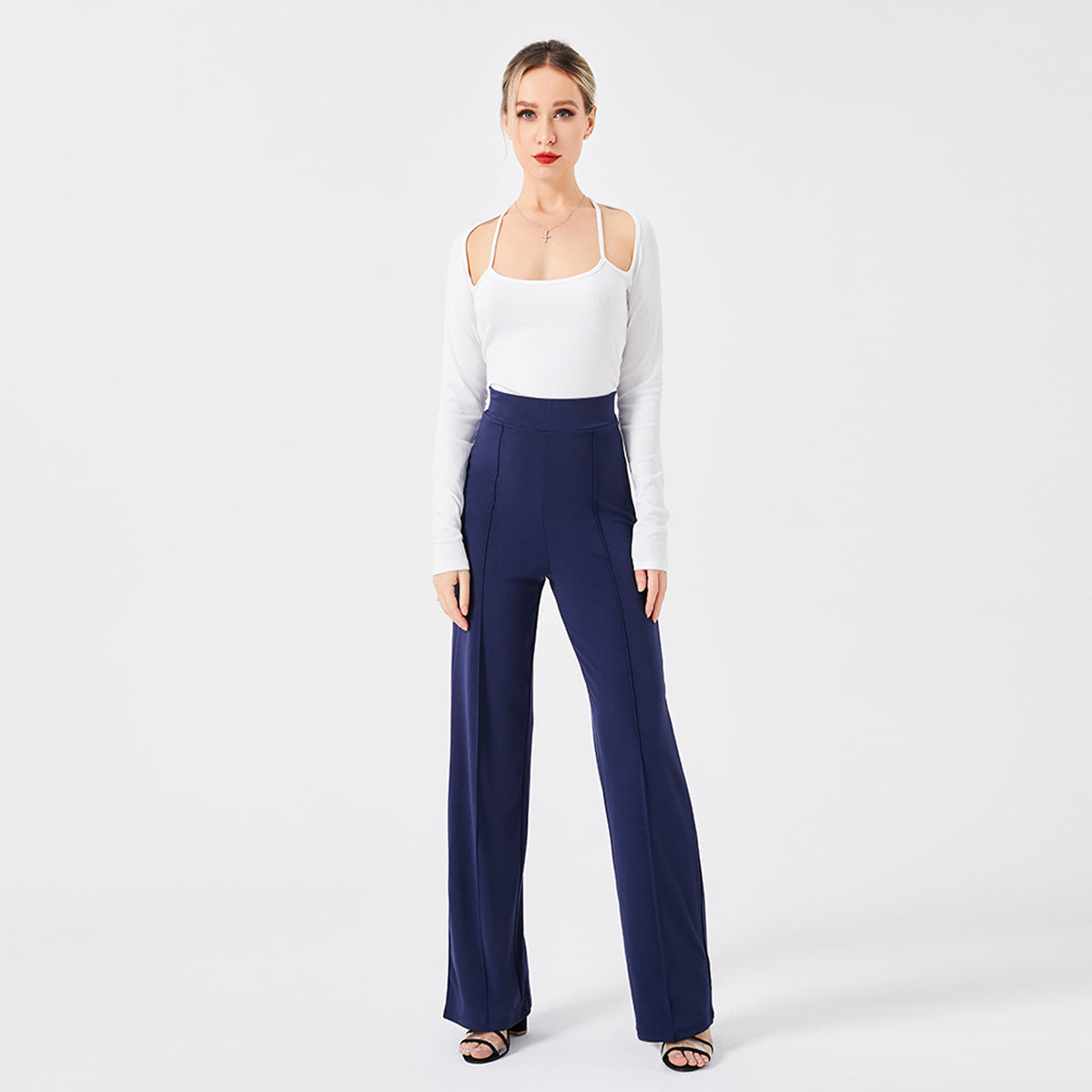 Damen Hochtaillen-Slim-Schlaghose in Unifarbe