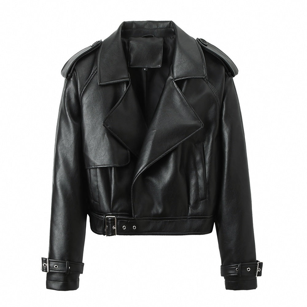 Damen-Jacke mit Gürtel und langen Ärmeln – Leder-Look Stil