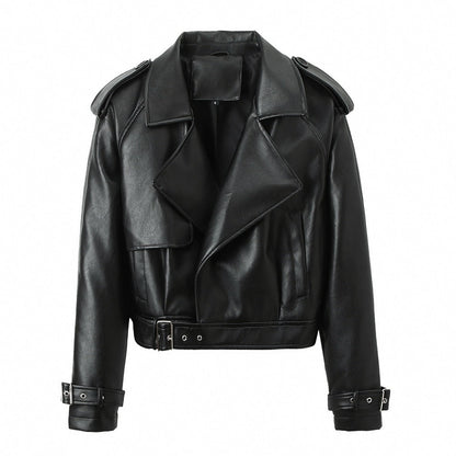 Damen-Jacke mit Gürtel und langen Ärmeln – Leder-Look Stil