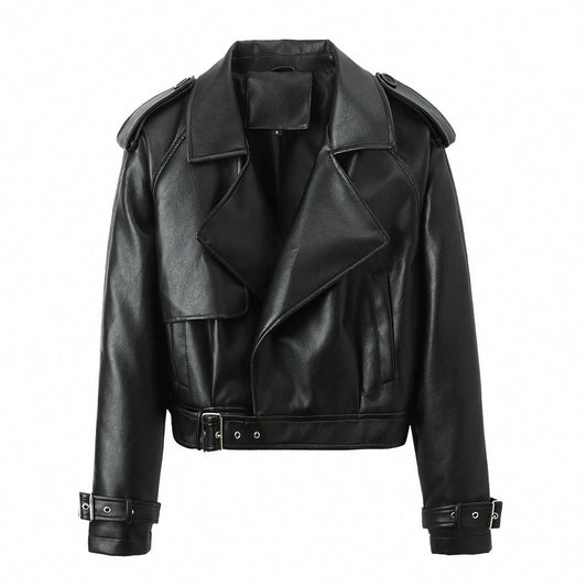 Damen-Jacke mit Gürtel und langen Ärmeln – Leder-Look Stil