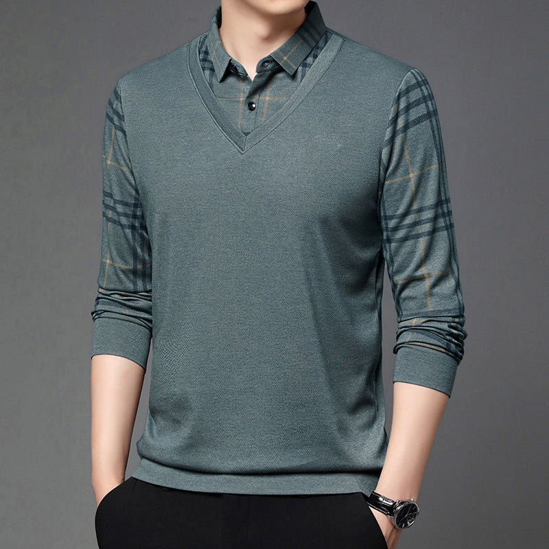 Men's Long Sleeve T-Shirt Fake Two-in-One Effect Notched Collar Striped – Cotton Blend