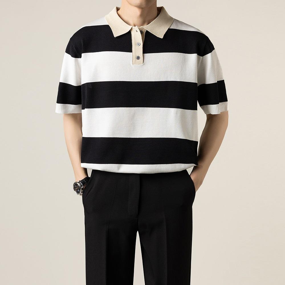 Herren Sommer Gestreiftes Kurzarm-Strickpoloshirt Slim Fit Leichtes Oberteil