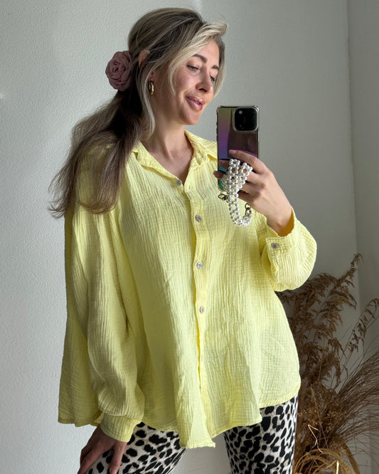 Damen Bluse Oversize Lockerer Schnitt Langarm Pastellgelb – Baumwoll-Stil