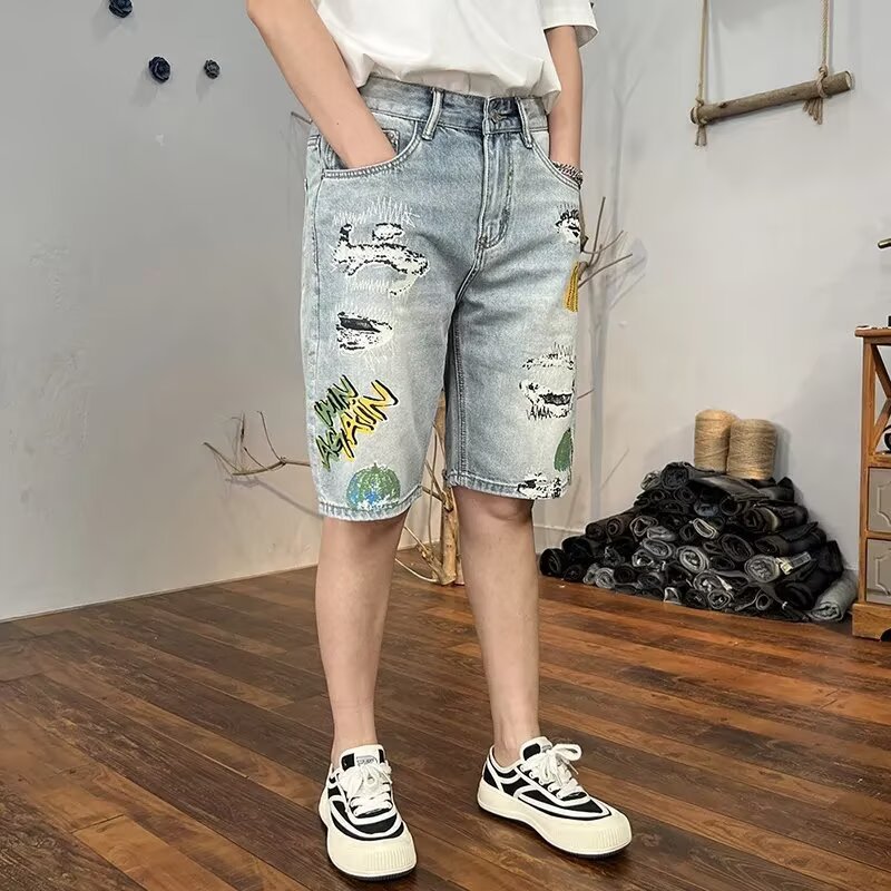 Herren Sommer Cropped Shorts, Helle Waschung, Used-Look, Risse, Lockere Passform